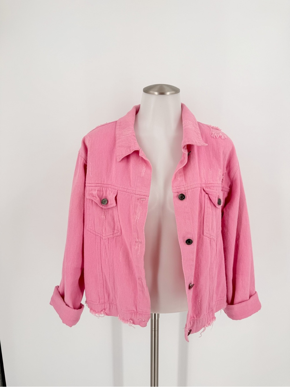 eesome Bubblegum Pink Distressed Denim Jacket - Picture 2 of 5
